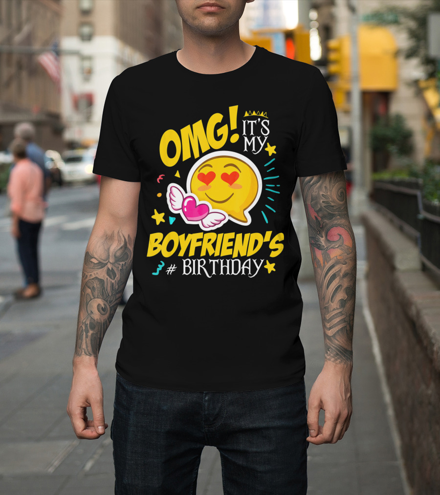 OMG It's My Boyfriend's Birthday Cool Emo Emoji Hearts Wings T-Shirt