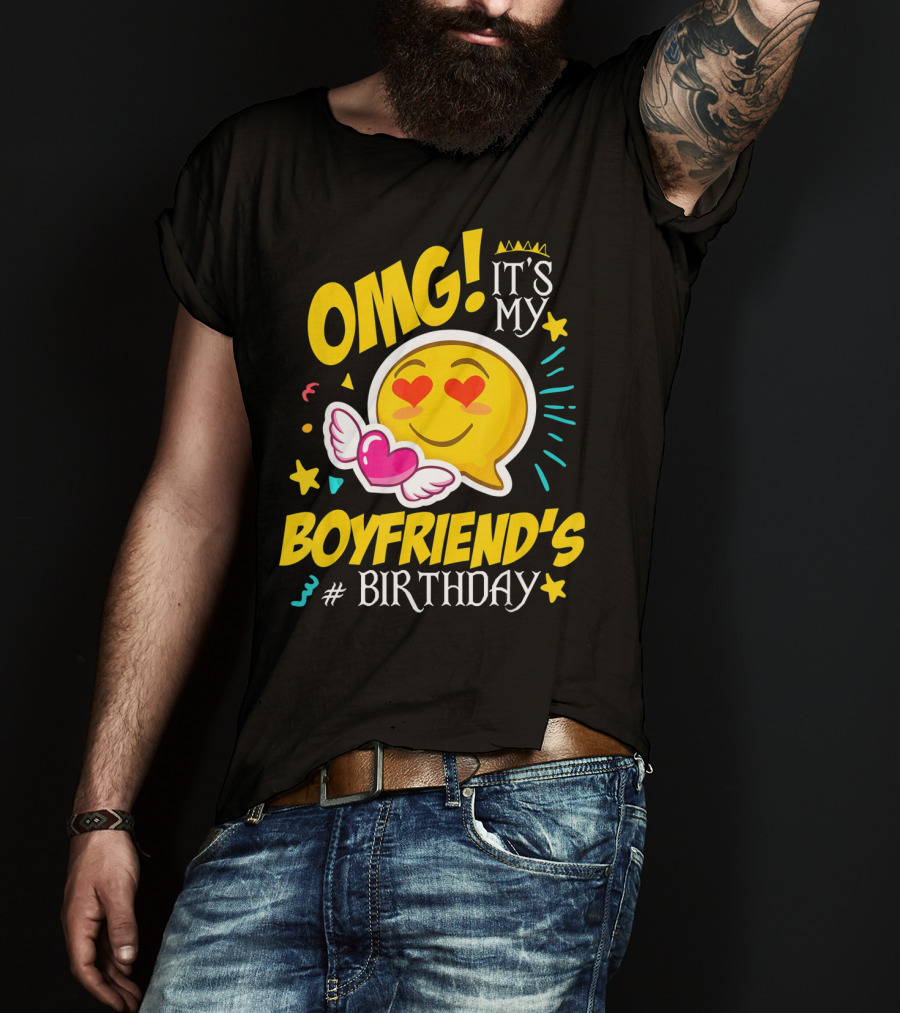 OMG It's My Boyfriend's Birthday Cool Emo Emoji Hearts Wings T-Shirt