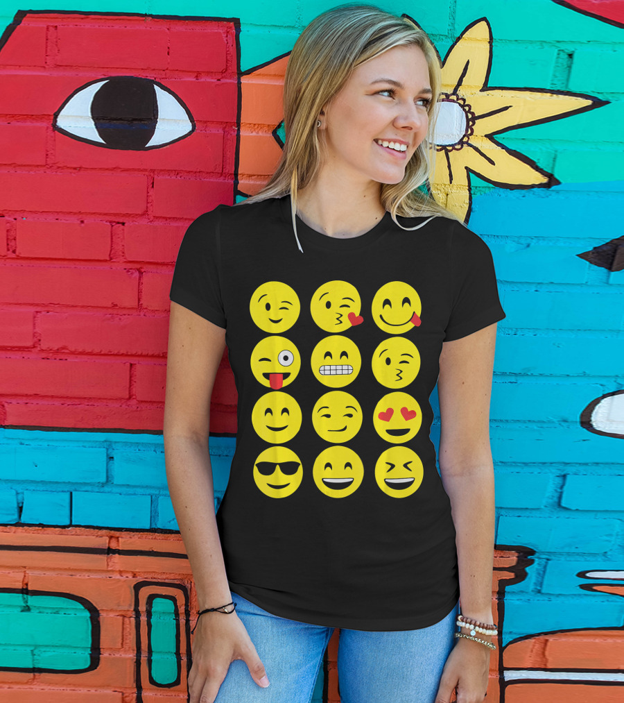 Emojis Funny Emoji Yellow Face Winking Smiling Heart Eyes Sunglasses Expression T-Shirt