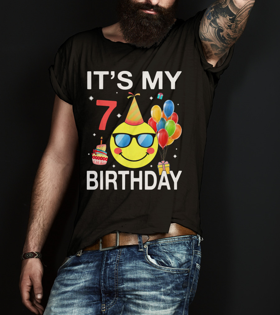 IT'S MY 7 BIRTHDAY Emoji Party Hat Sunglasses Balloons Cake T-Shirt