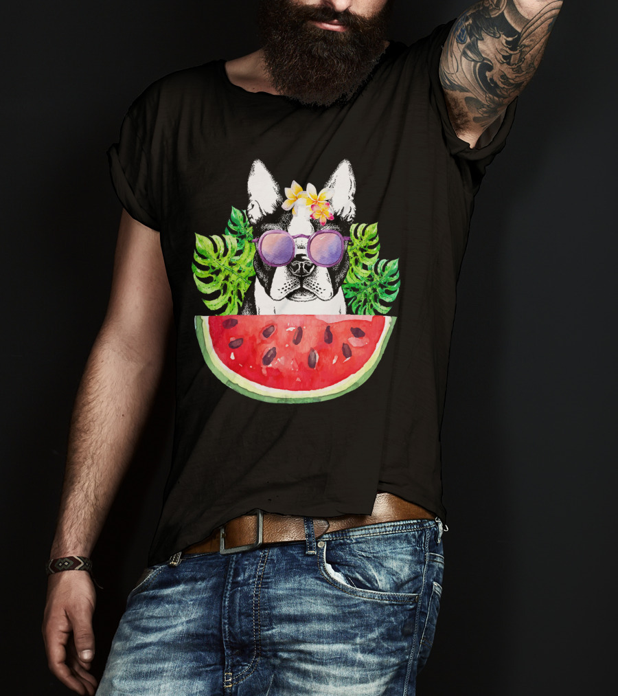 Funny Boston Terrier Love Summer Watermelon Sunglasses Tropical Vibes T-Shirt