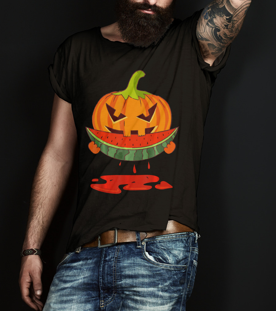 Creepy Pumpkin Devours Juicy Watermelon In Spooky T-Shirt