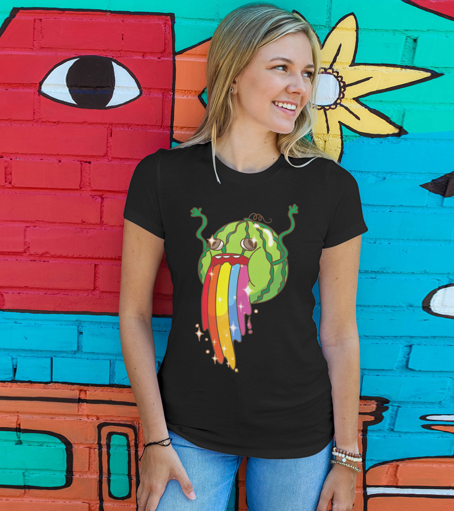 Comic Watermelon Vomits Sparkling Rainbow Streams T-Shirt