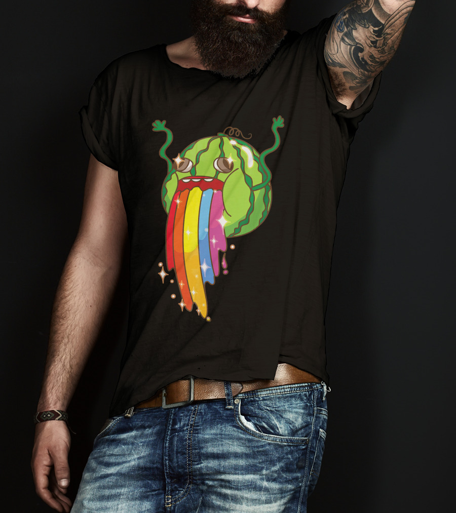 Comic Watermelon Vomits Sparkling Rainbow Streams T-Shirt