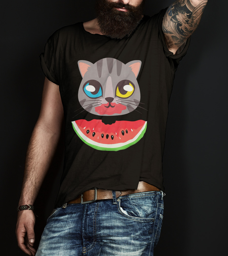 Watermelon Cat Funny Cat With Dual-Colored Eyes And Watermelon Slice T-Shirt
