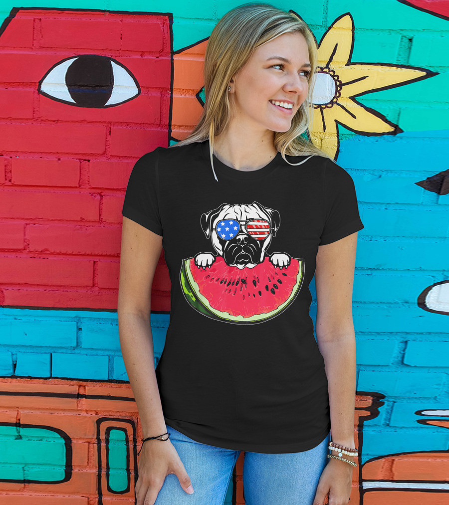 Funny Watermelon Day Pug American Flag Glasses T-Shirt