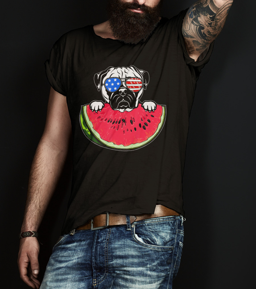 Funny Watermelon Day Pug American Flag Glasses T-Shirt