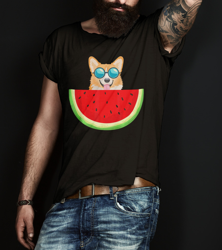 Corgi With Sunglasses And Watermelon Slice Womens T-Shirt