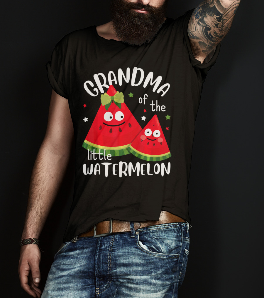 Grandma Of The Little Watermelon With Smiling Cartoon Slices And Stars T-Shirt