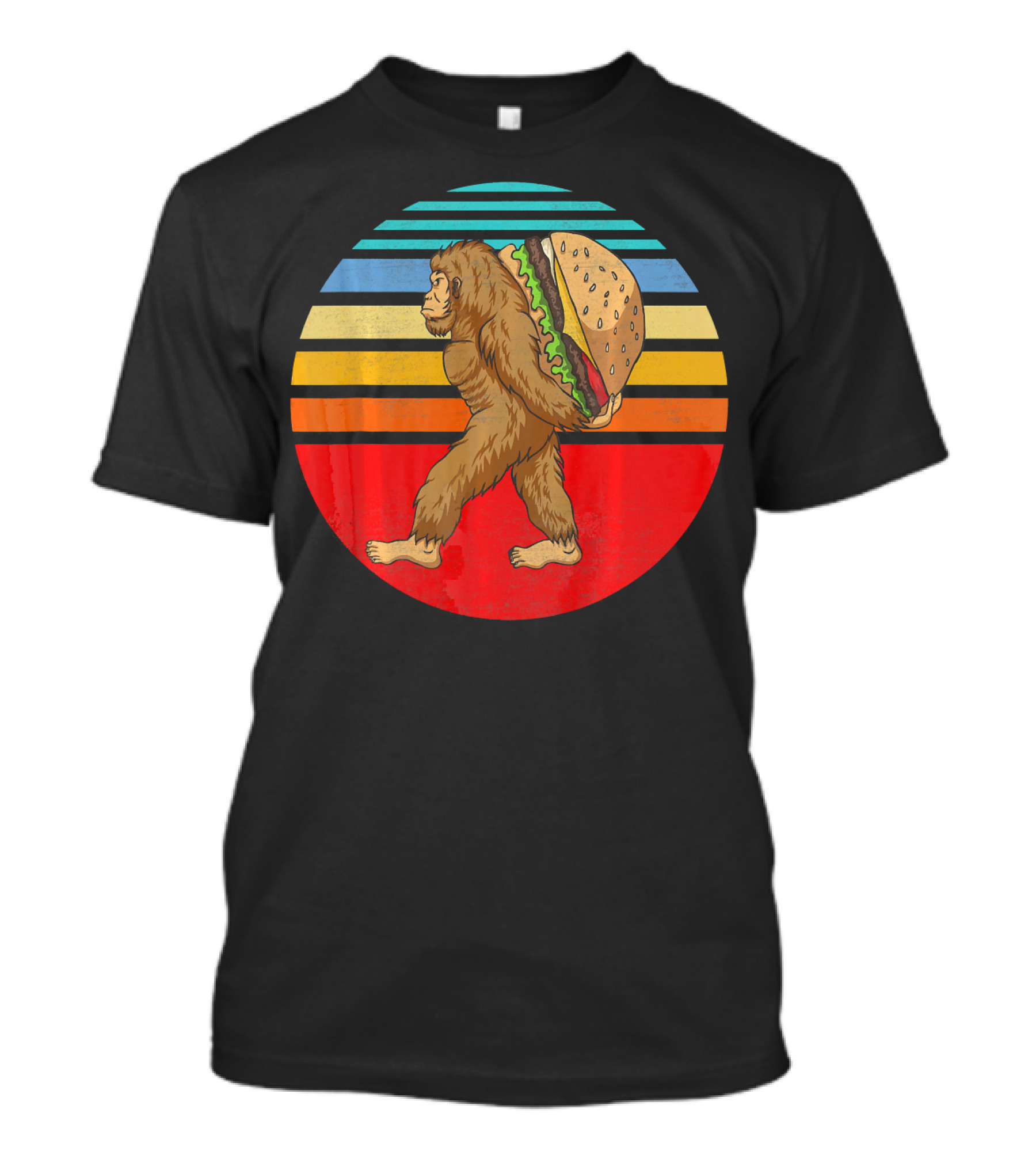 Vintage Bigfoot Carrying Hamburger Retro Stripes T-Shirt