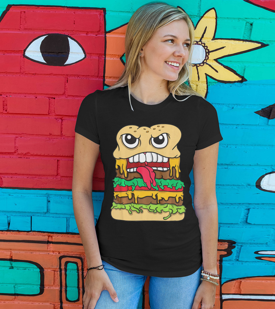 Burger Hamburger Cheeseburger Face With Tongue Out Lettuce And Cheese Layers T-Shirt