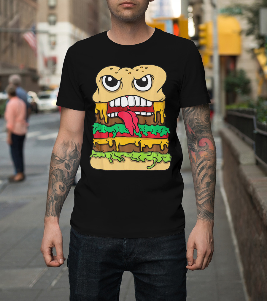 Burger Hamburger Cheeseburger Face with Tongue Out Lettuce and Cheese Layers T-Shirt
