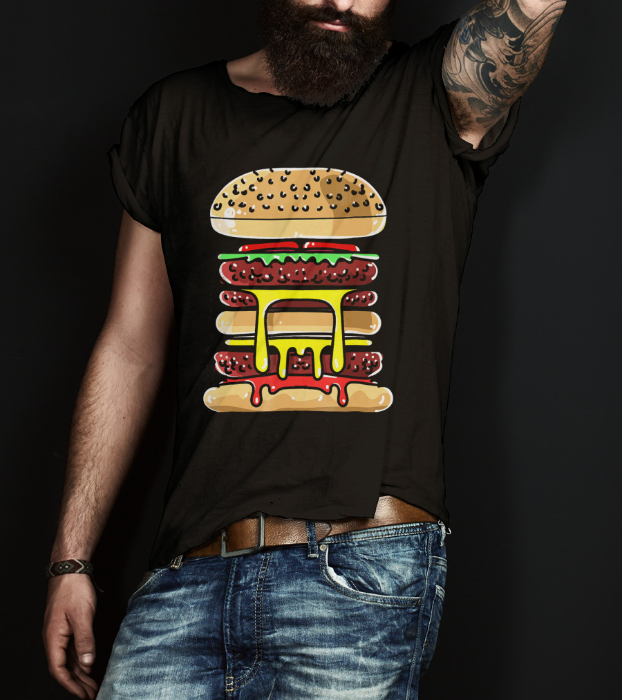 Hamburger Cheeseburger Layered Dripping Fast Food Comic T-Shirt