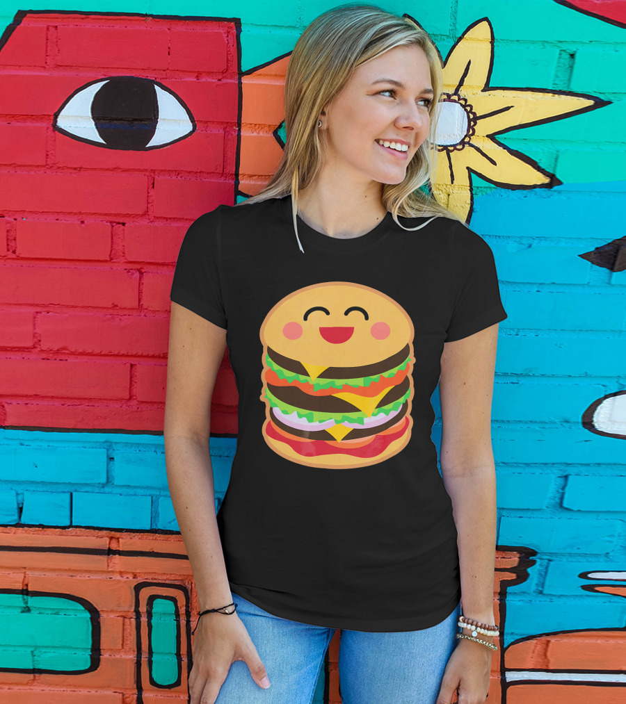 Smiling Happy Hamburger Emoji Stack T-Shirt