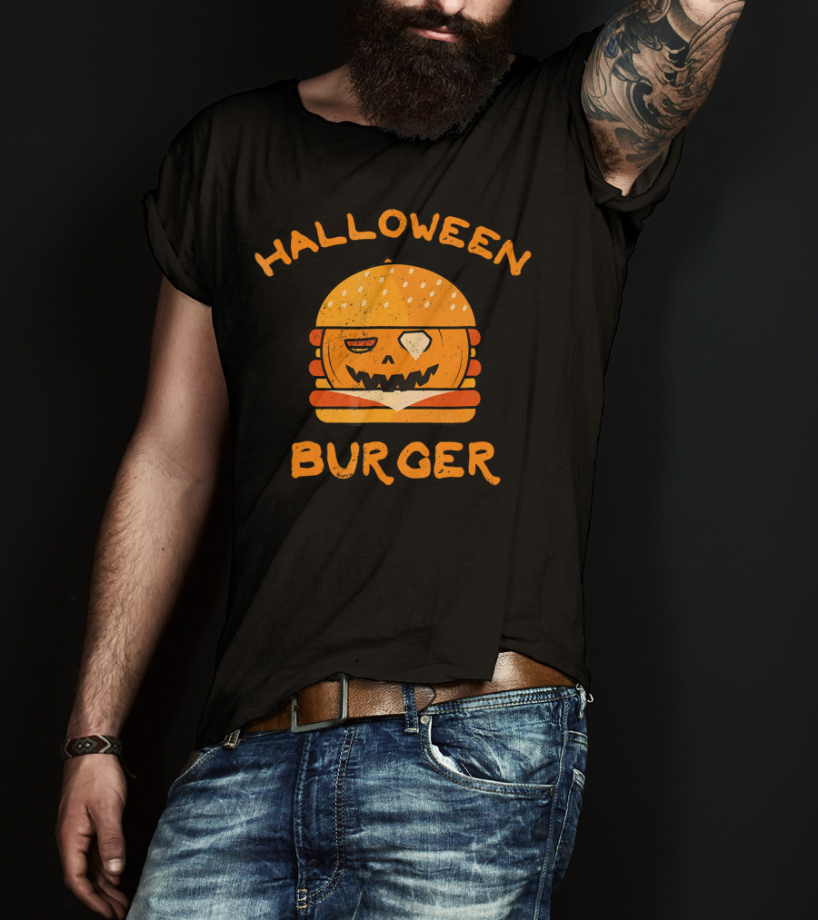 Halloween Pumpkin Burger Jack-O'-Lantern Face T-Shirt
