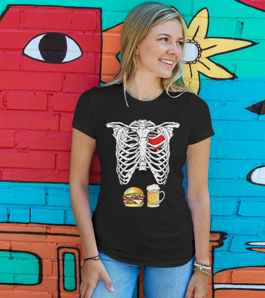 Ribcage Xray Skeleton With Heart Burger And Beer T-Shirt