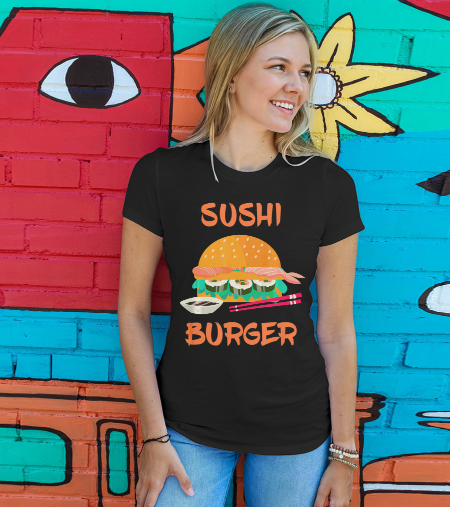 Sushi Burger Japanese Food Hamburger Fusion With Rice Rolls And Chopsticks T-Shirt