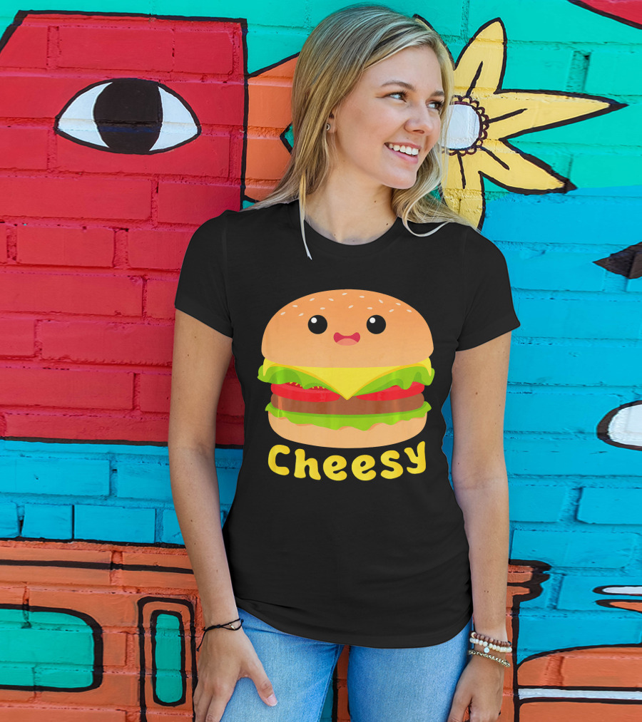 Cheesy Cute Funny Cheese Burger Food Pun Adorable Smiling Burger T-Shirt