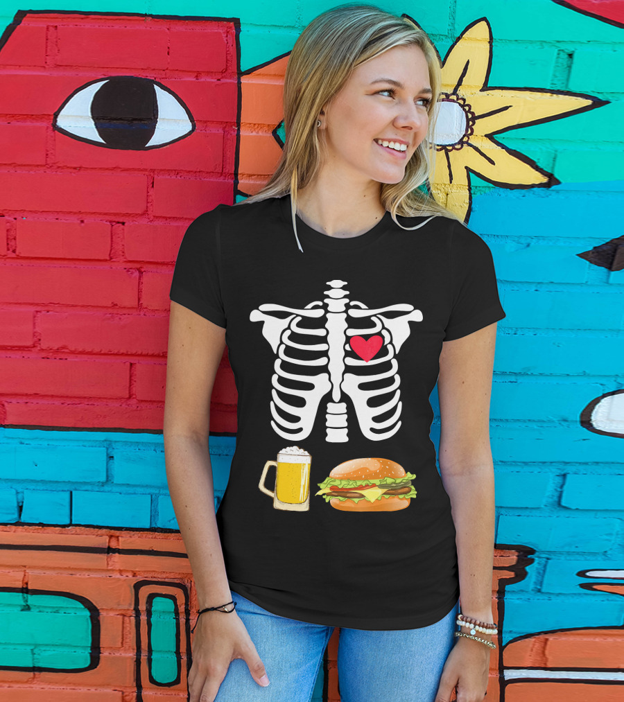 Beer And Burger Heart Ribcage Skeleton T-Shirt