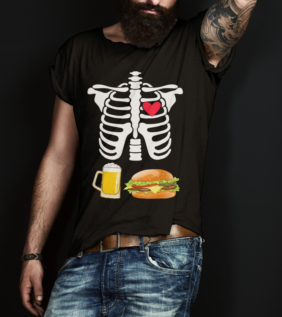 Beer And Burger Heart Ribcage Skeleton T-Shirt