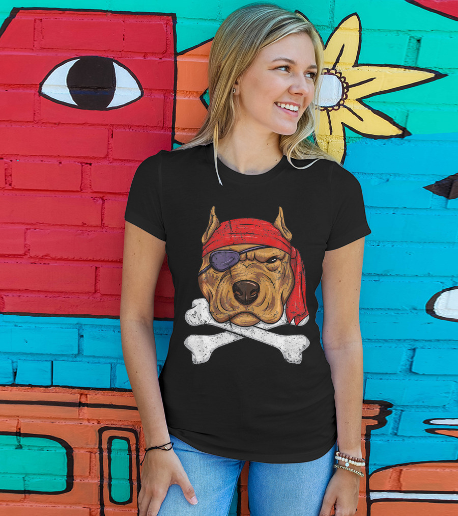 Vintage Pirate Dog Funny Puppy Crossbones Eyepatch Red Bandana T-Shirt