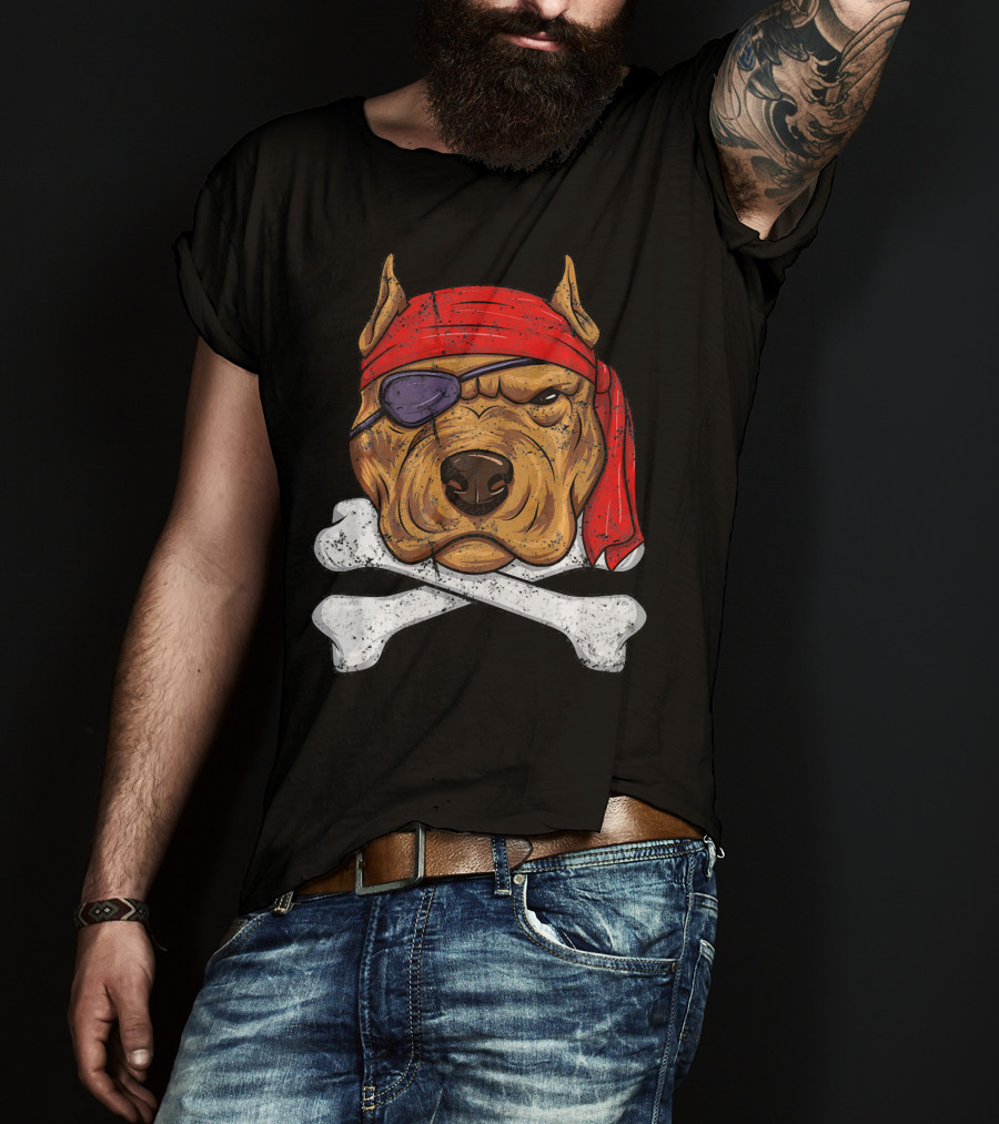 Vintage Pirate Dog Funny Puppy Crossbones Eyepatch Red Bandana T-Shirt