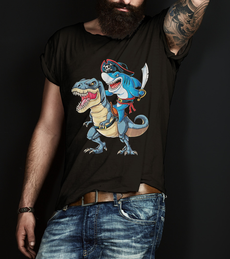 Pirate Shark Wielding Sword Riding Rex Dinosaur T-Shirt