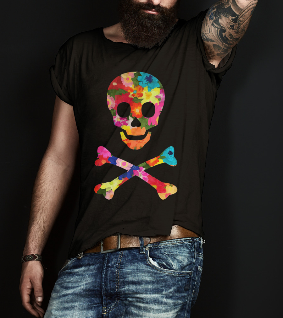 Flower Skull And Crossbones Funky Pirate Multicolor Floral T-Shirt