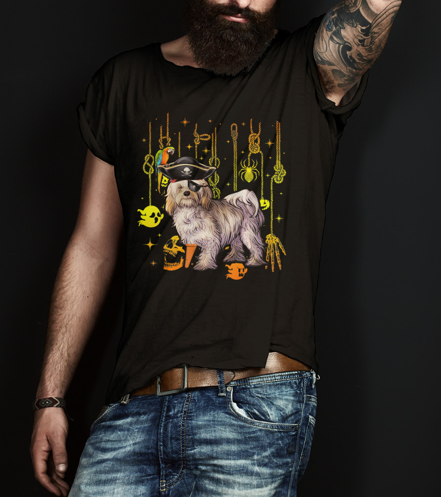 Havanese Pirate Halloween Dog With Parrot And Skulls T-Shirt