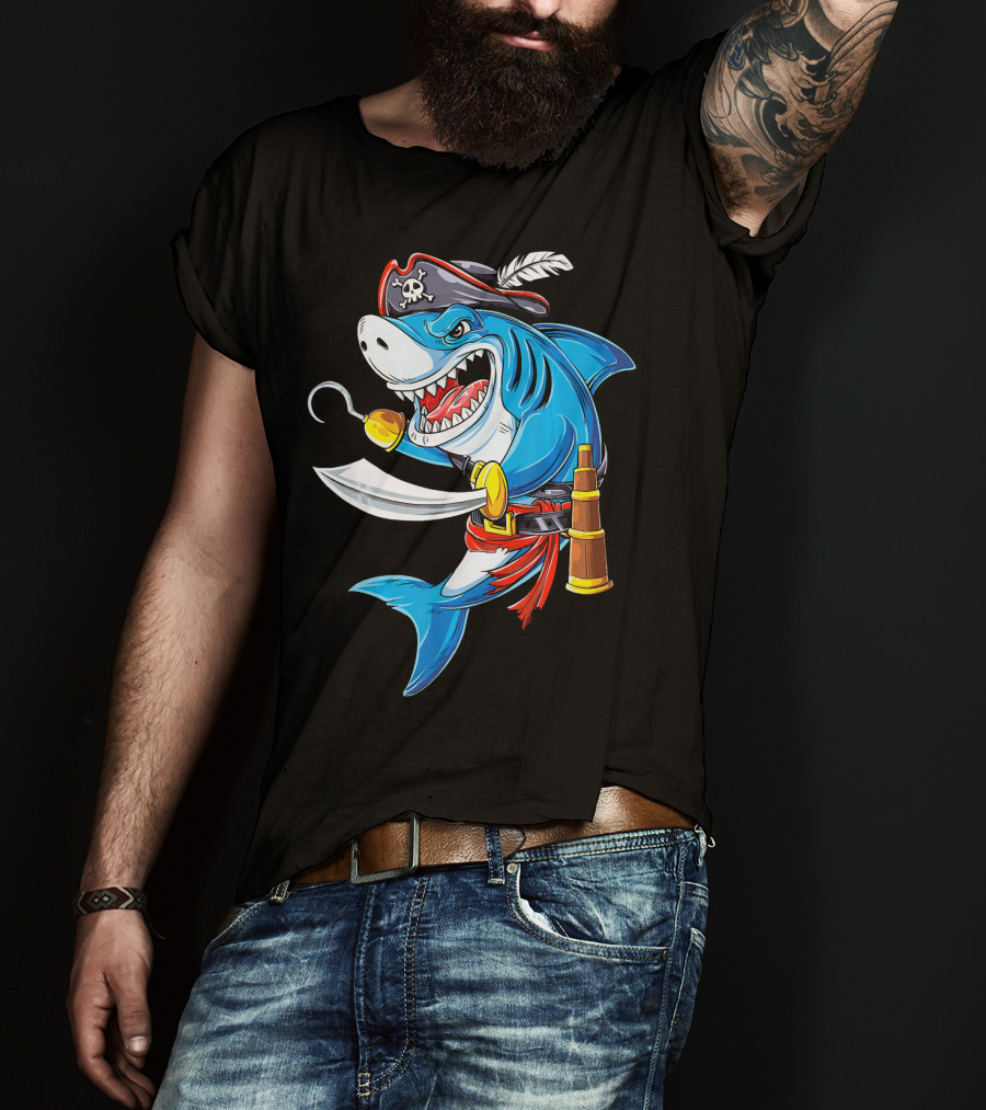 Shark Pirate Costume Jolly Roger Flag With Hook And Sword T-Shirt