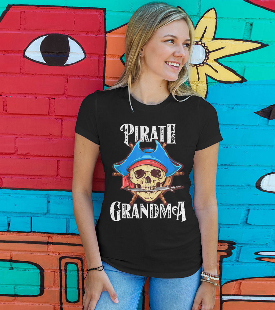 Pirate Grandma Skull With Blue Hat And Sword T-Shirt