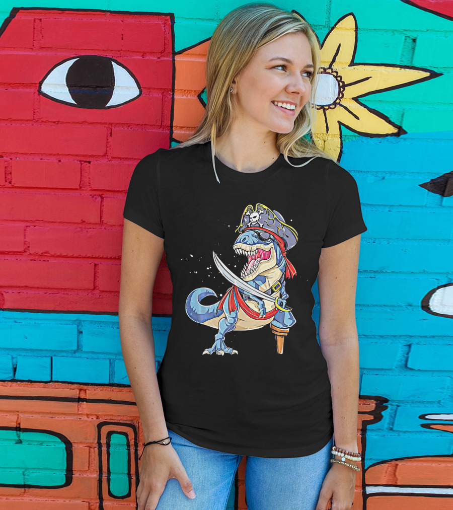 Pirate Dinosaur With Sword And Skull Hat T-Shirt