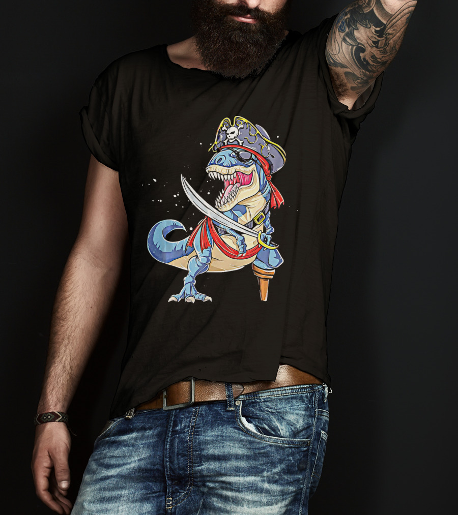 Pirate Dinosaur With Sword And Skull Hat T-Shirt