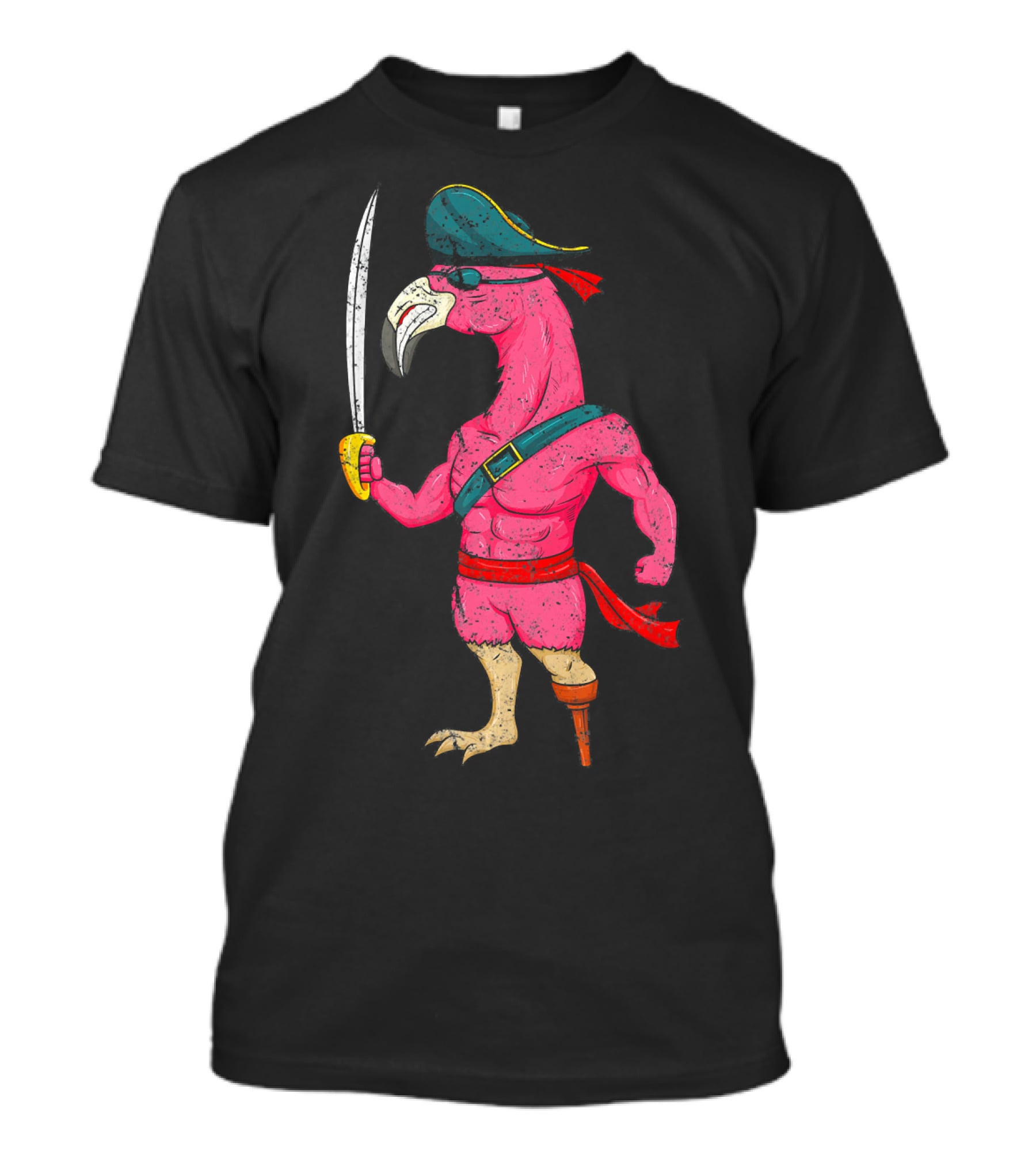 Vintage Pirate Pink Flamingo With Pirate Hat And Wooden Leg Sword T-Shirt