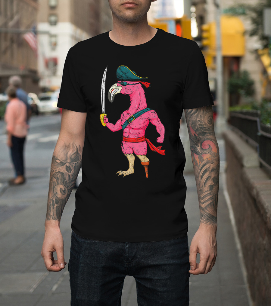 Vintage Pirate Pink Flamingo With Pirate Hat And Wooden Leg Sword T-Shirt