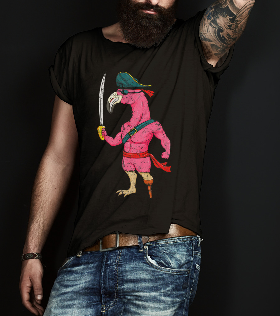 Vintage Pirate Pink Flamingo With Pirate Hat And Wooden Leg Sword T-Shirt