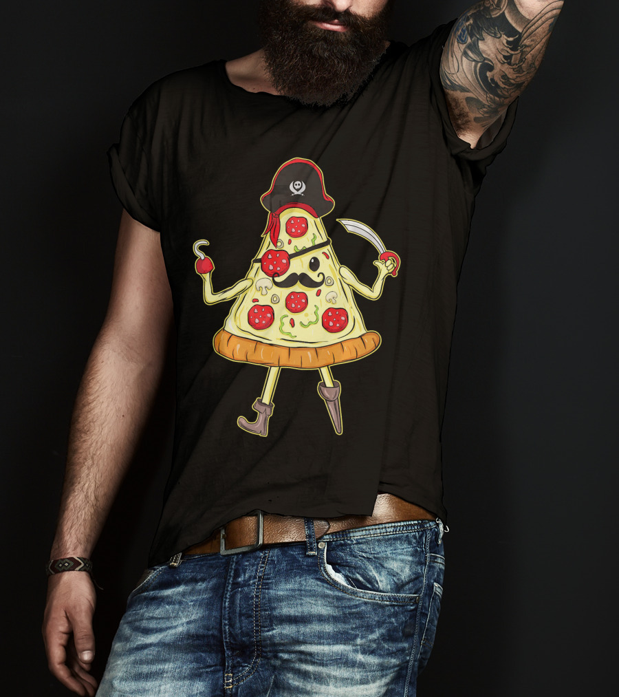 Funny Mustache Pirate Pizza Slice With Hook And Sword T-Shirt