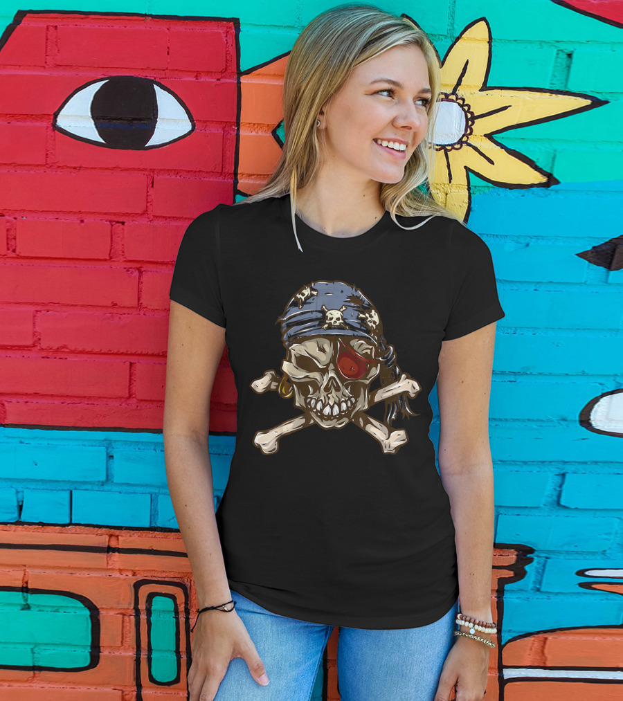Jolly Roger Skull With Eye Patch And Crossbones Bandana T-Shirt