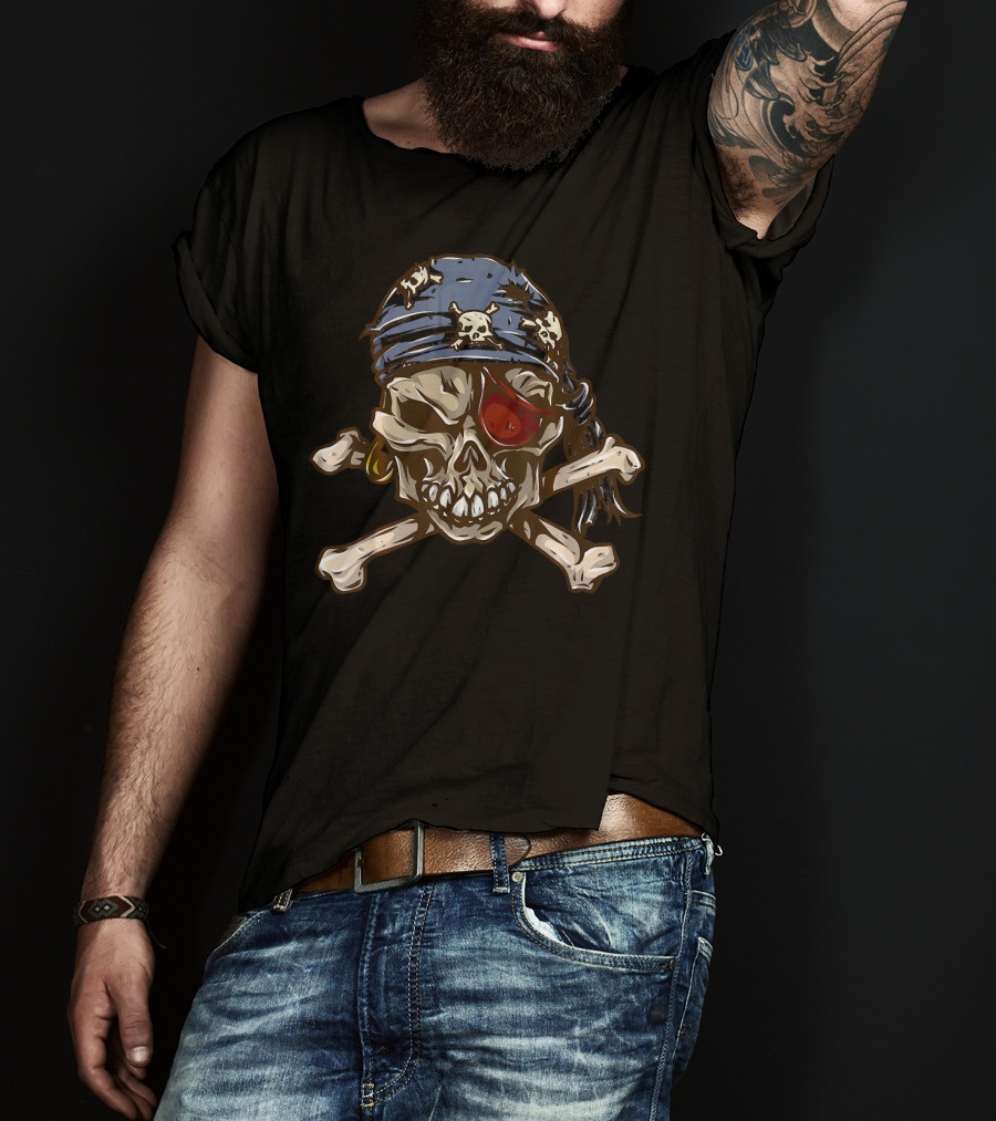 Jolly Roger Skull With Eye Patch And Crossbones Bandana T-Shirt