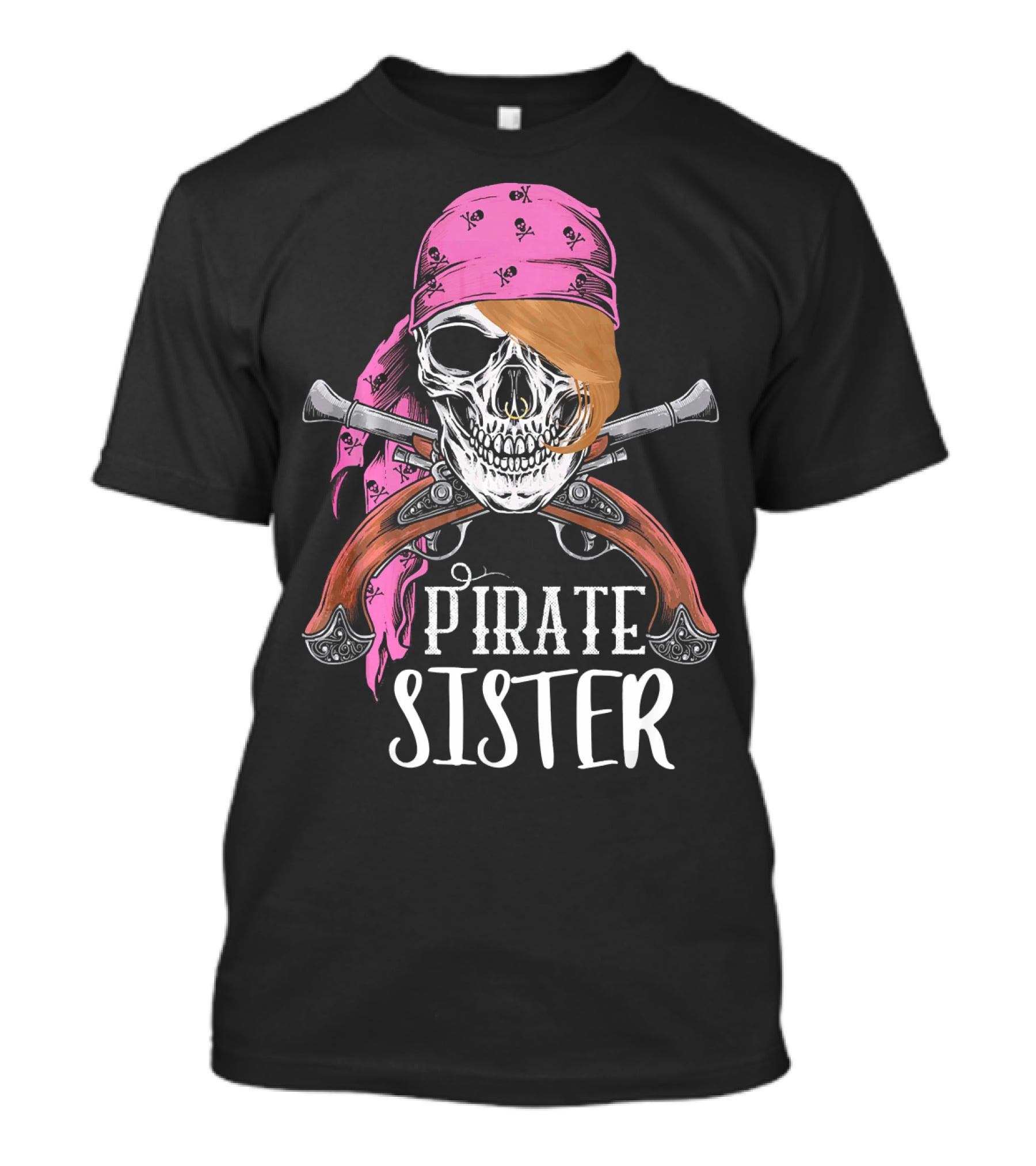 Pirate Sister Skull With Pink Bandana And Crossed Pistols T-Shirt