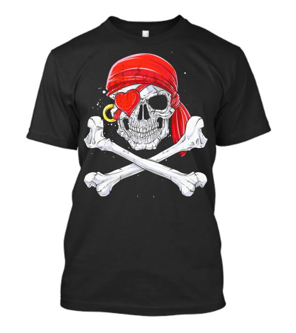 Valentines Day Pirate Skull With Red Bandana And Heart Eye Patch For Him T-Shirt