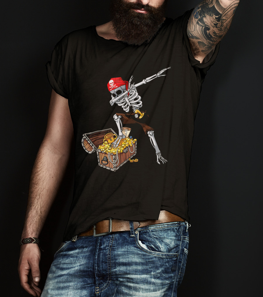 Dabbing Pirate Skeleton With Treasure Chest And Red Skull Bandana T-Shirt
