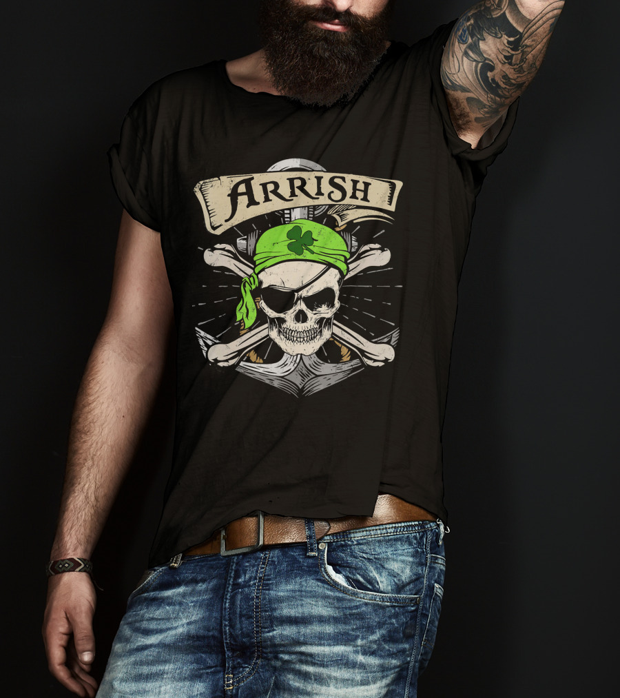 Arrish Irish Pirate Skull With Shamrock Bandana St Patricks T-Shirt