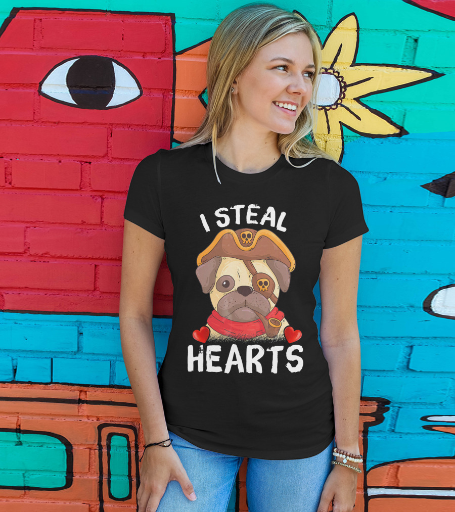 I Steal Hearts Valentines Day Pirate Pug With Pipe And Eyepatch T-Shirt