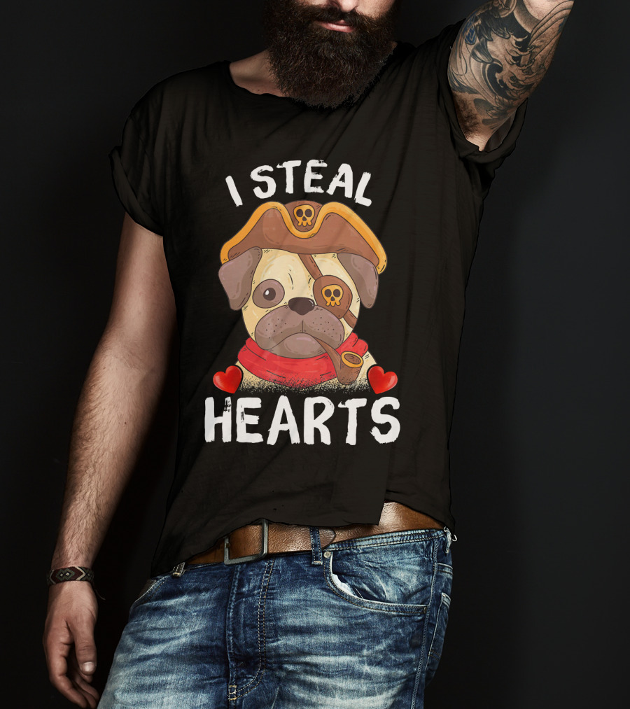 I Steal Hearts Valentines Day Pirate Pug With Pipe And Eyepatch T-Shirt