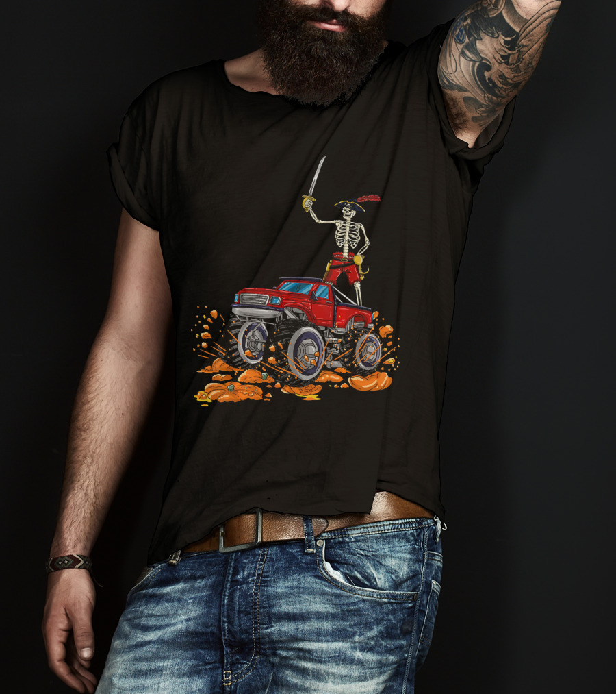Halloween Skeleton Pirate Riding Monster Truck Over Pumpkins T-Shirt