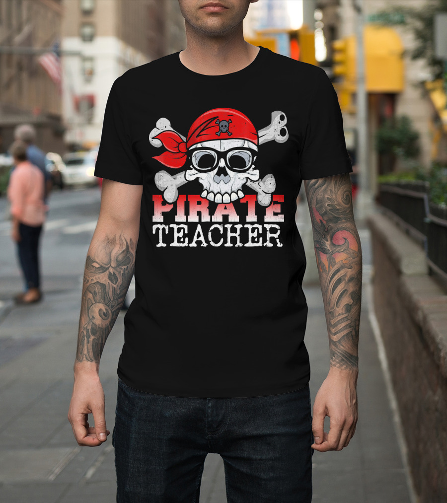 Pirate Skull With Bandana And Glasses Funny Teacher T-Shirt