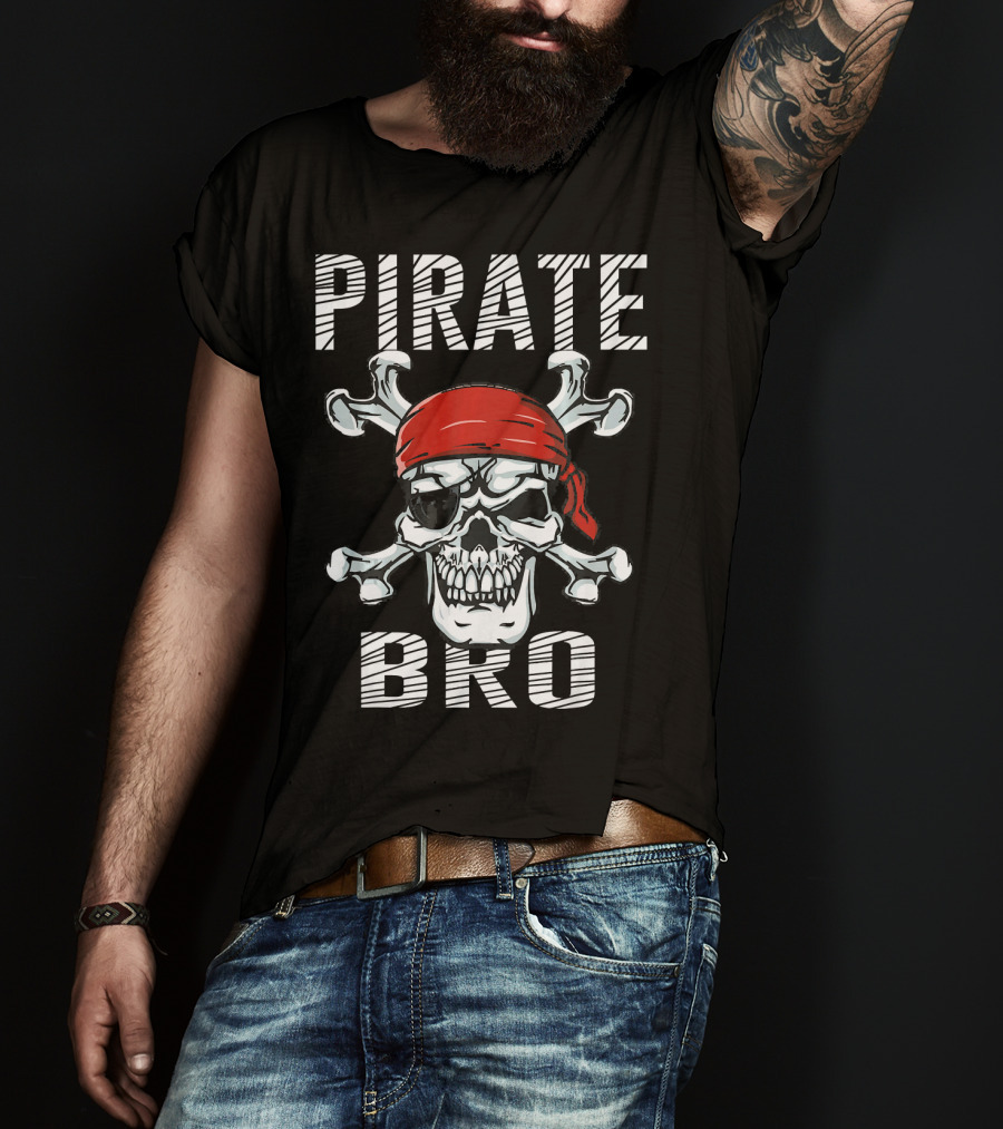 Pirate Bro Skull With Crossbones And Red Bandana T-Shirt