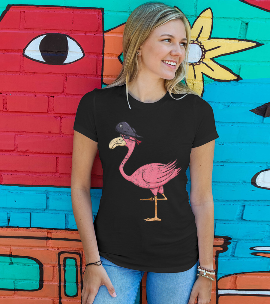 Vintage Pink Flamingo Pirate With Eyepatch And Skull Hat T-Shirt