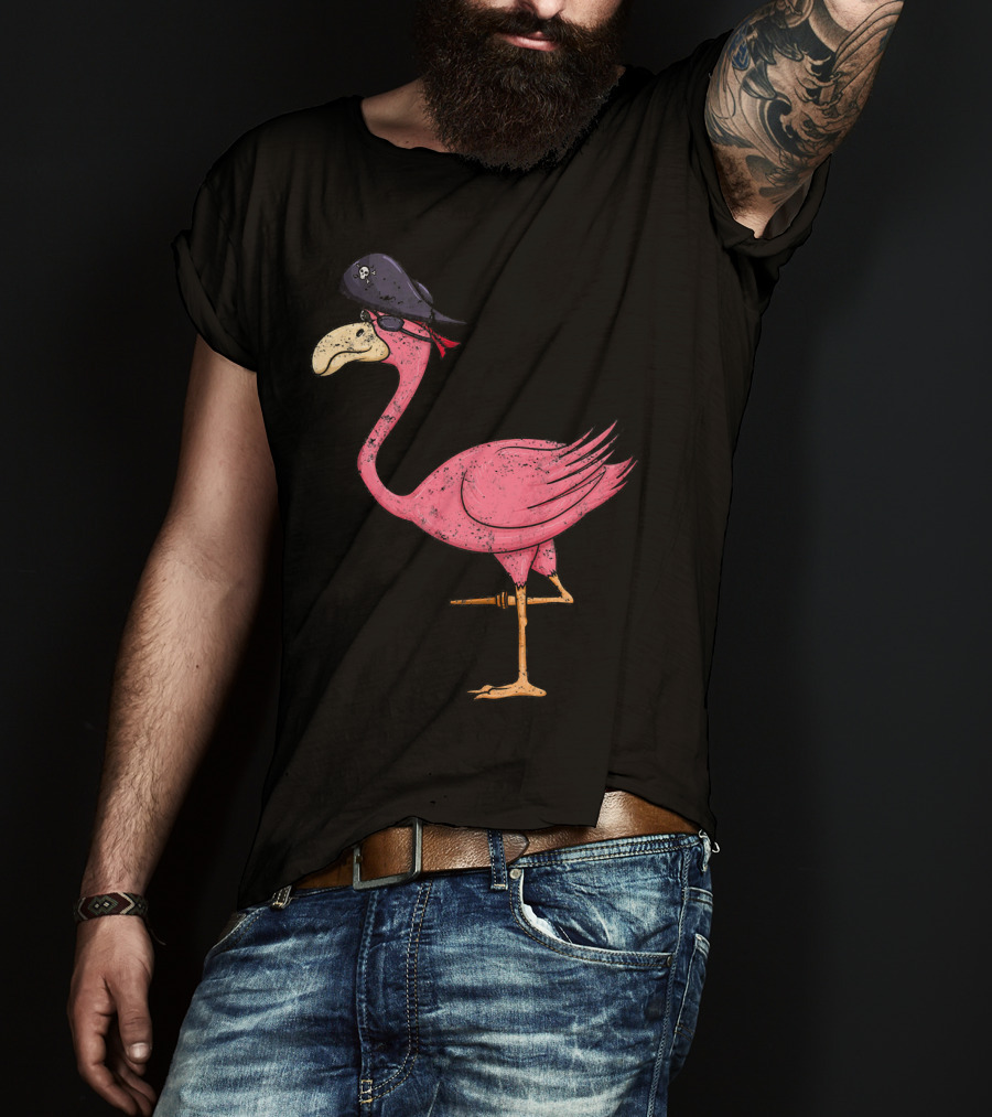 Vintage Pink Flamingo Pirate With Eyepatch And Skull Hat T-Shirt